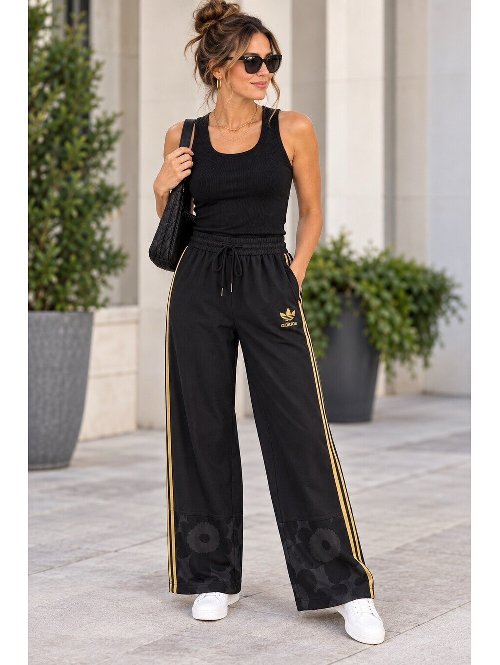 Adidas x Marimekko Track Pants Womens M Black Gold Unikko Wide Leg NWT